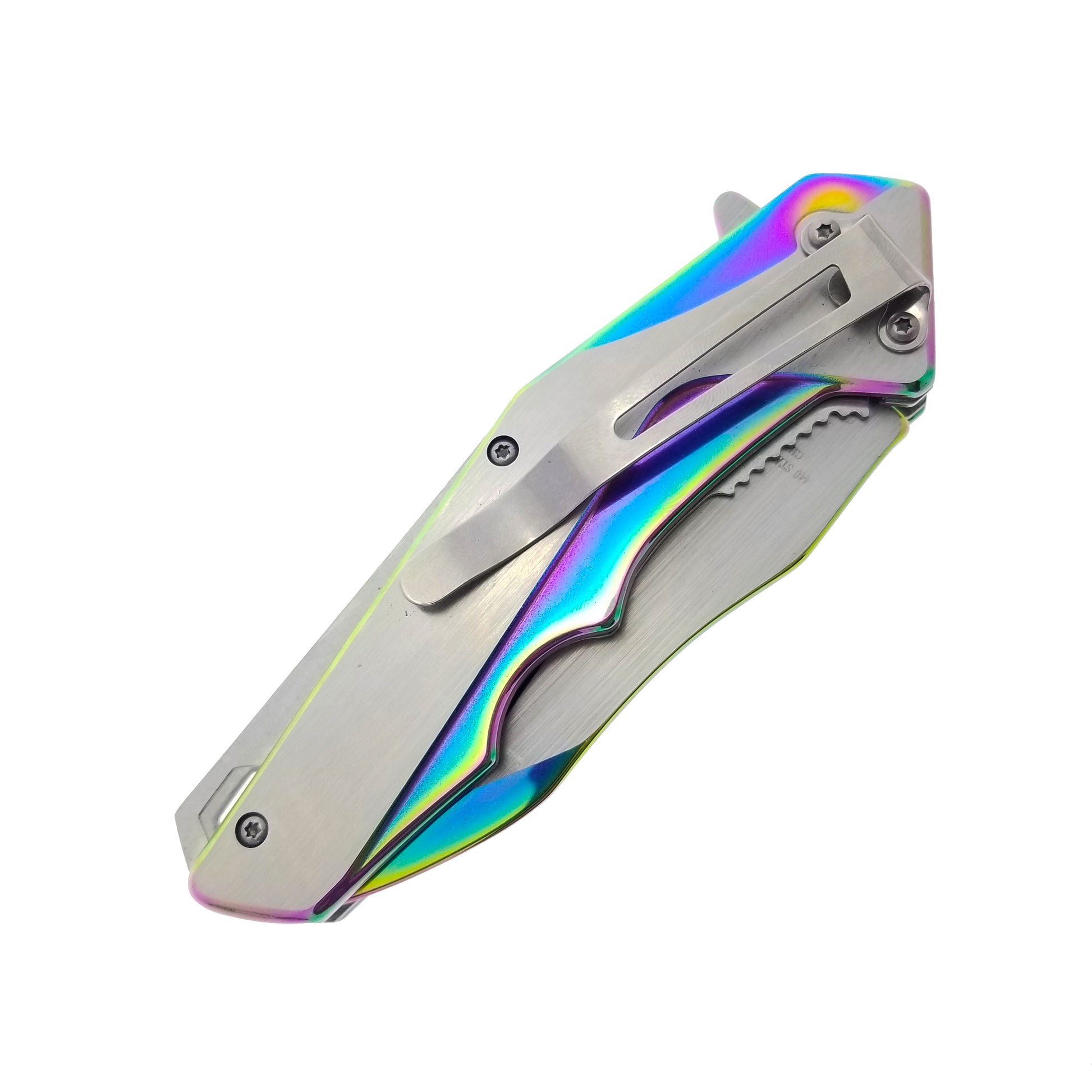 Falcon EDC rainbow spring assisted pocket knife closed with stainless pocket clip and rainbow titanium handle