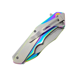 Falcon EDC rainbow spring assisted pocket knife closed with stainless pocket clip and rainbow titanium handle
