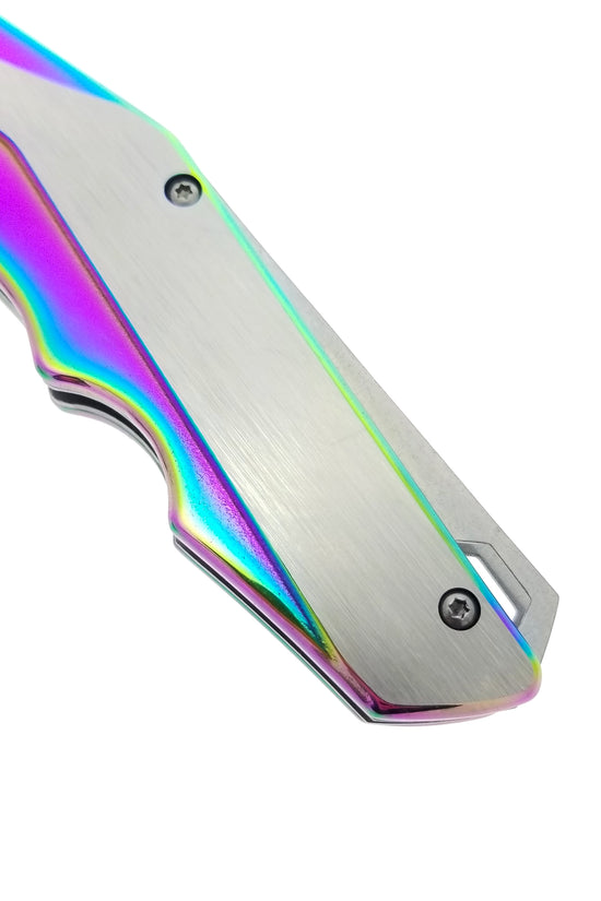Falcon EDC rainbow spring assisted pocket knife showing brushed stainless handle with iridescent rainbow accents and clip