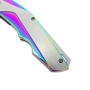 Falcon EDC rainbow spring assisted pocket knife showing brushed stainless handle with iridescent rainbow accents and clip