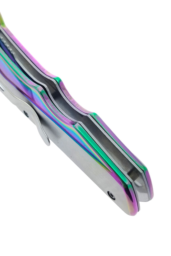 Falcon EDC rainbow spring assisted pocket knife folded showing rainbow anodized handle and pocket clip