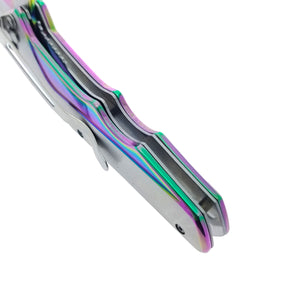 Falcon EDC rainbow spring assisted pocket knife folded showing rainbow anodized handle and pocket clip