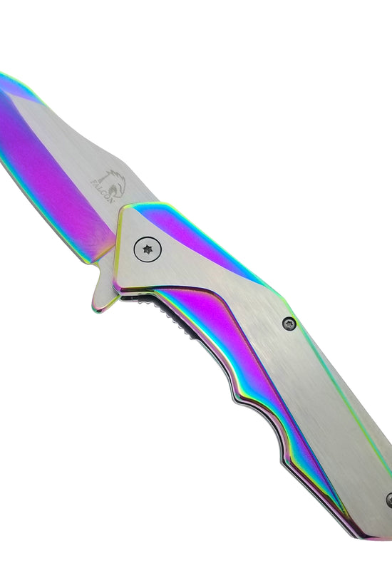 Falcon EDC rainbow spring assisted pocket knife open with iridescent drop point blade and stainless handle