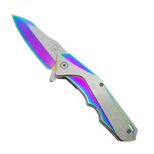 Falcon EDC rainbow spring assisted pocket knife open with iridescent drop point blade and stainless handle