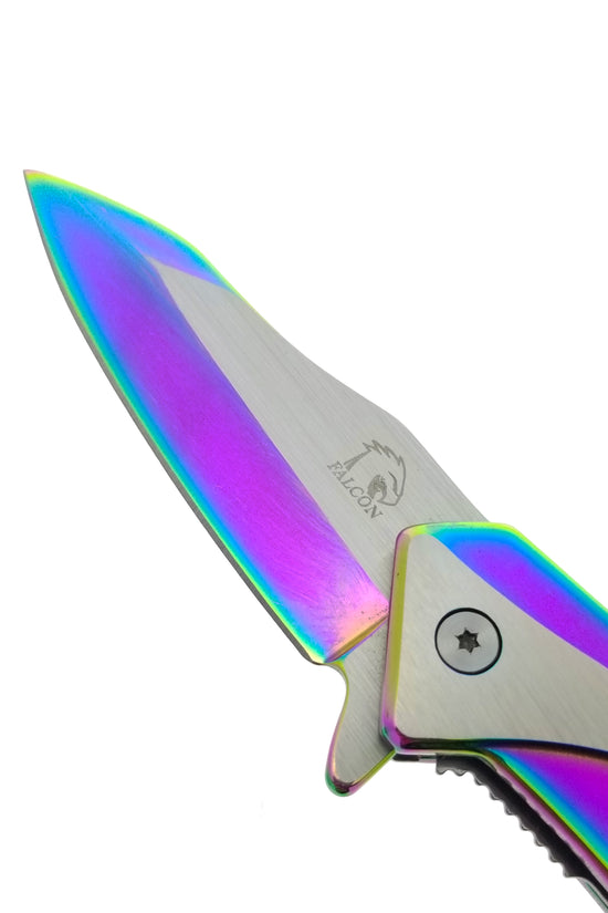 Falcon EDC rainbow spring assisted pocket knife open with iridescent blade and stainless handle close up