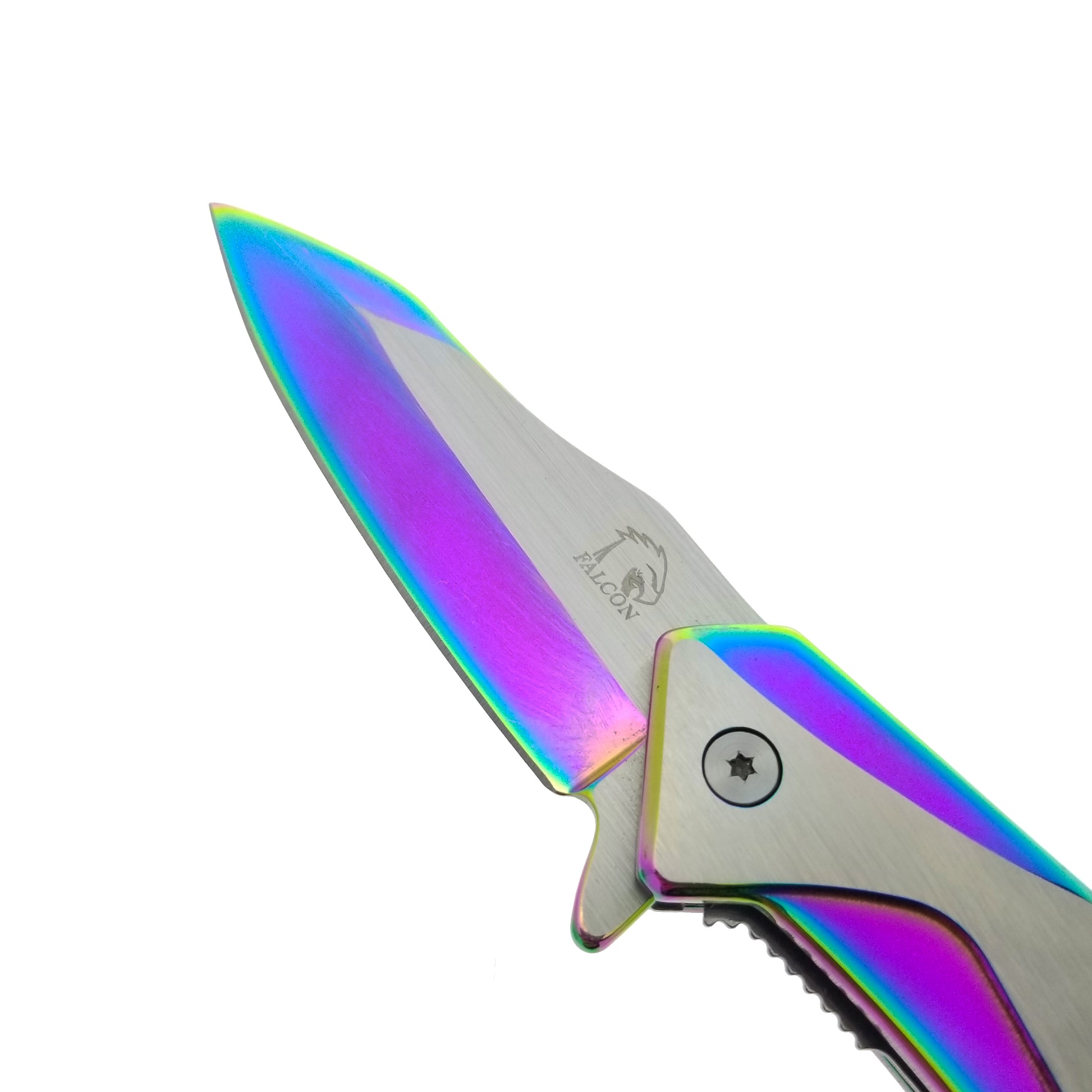 Falcon EDC rainbow spring assisted pocket knife open with iridescent blade and stainless handle close up