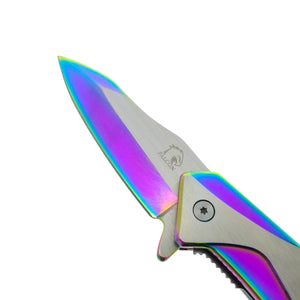 Falcon EDC rainbow spring assisted pocket knife open with iridescent blade and stainless handle close up