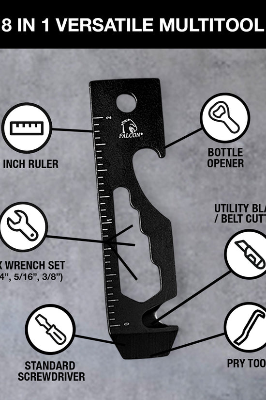 Falcon multi-tool keychain black 8 in 1 multitool with 2 inch ruler bottle opener hex wrenches screwdriver pry tool