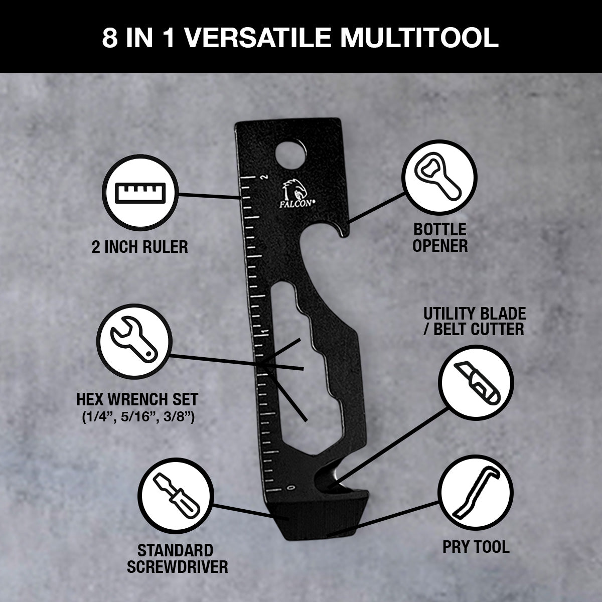 Falcon multi-tool keychain black 8 in 1 multitool with 2 inch ruler bottle opener hex wrenches screwdriver pry tool
