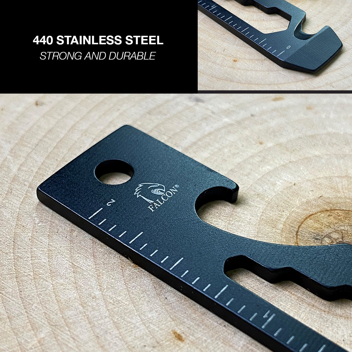 Falcon multi-tool keychain black 440 stainless steel card with ruler bottle opener hex wrench and logo