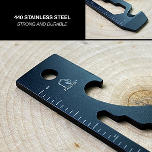 Falcon multi-tool keychain black 440 stainless steel card with ruler bottle opener hex wrench and logo
