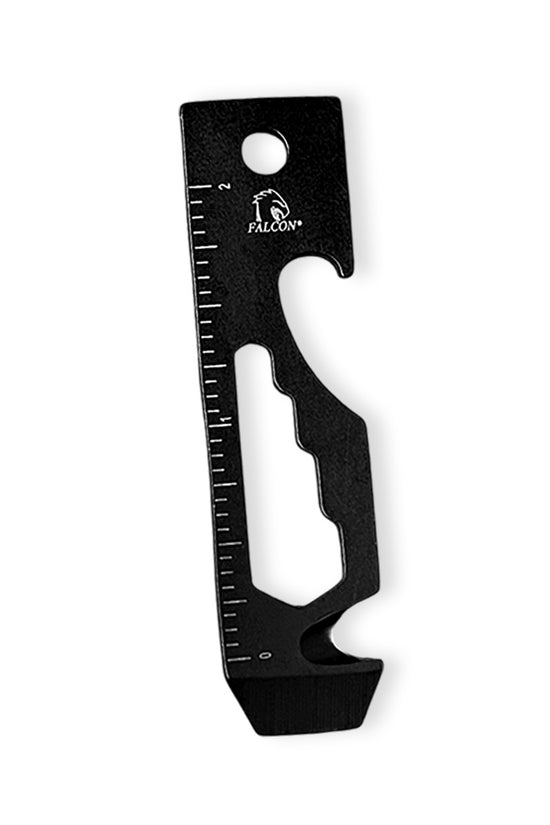 Black aluminum Falcon multi-tool keychain with ruler bottle opener pry bar and wrench cutouts