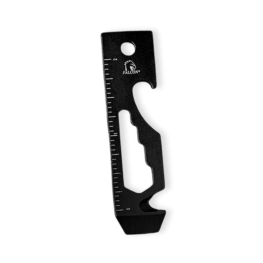Black aluminum Falcon multi-tool keychain with ruler bottle opener pry bar and wrench cutouts