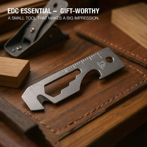Falcon multi-tool keychain stainless steel EDC tool with bottle opener wrench hex cutouts ruler markings on leather tray