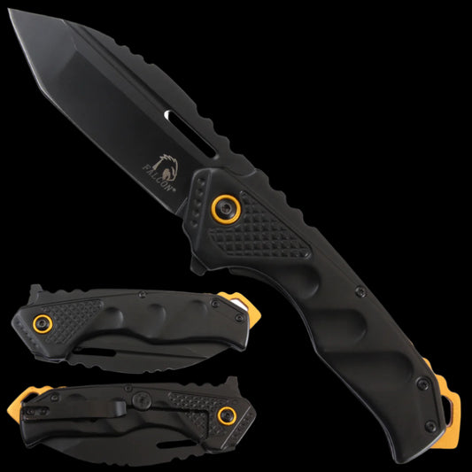 Falcon Spring Assisted knife black folding tanto blade textured handle gold accents and pocket clip