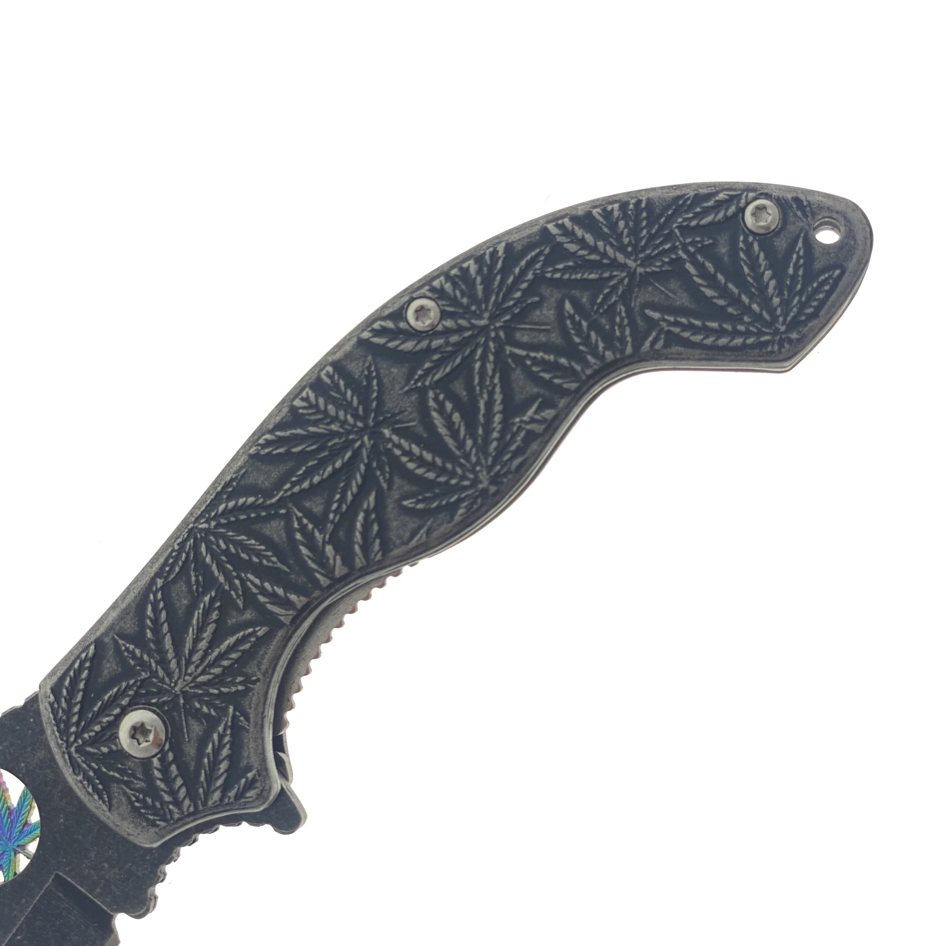 Close up of falcon spring assisted marijuana knife handle showing engraved cannabis leaf pattern and textured grip