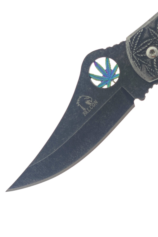 falcon spring assisted marijuana knife pocket knife with stonewashed blade leaf cutout and engraved cannabis leaf handle