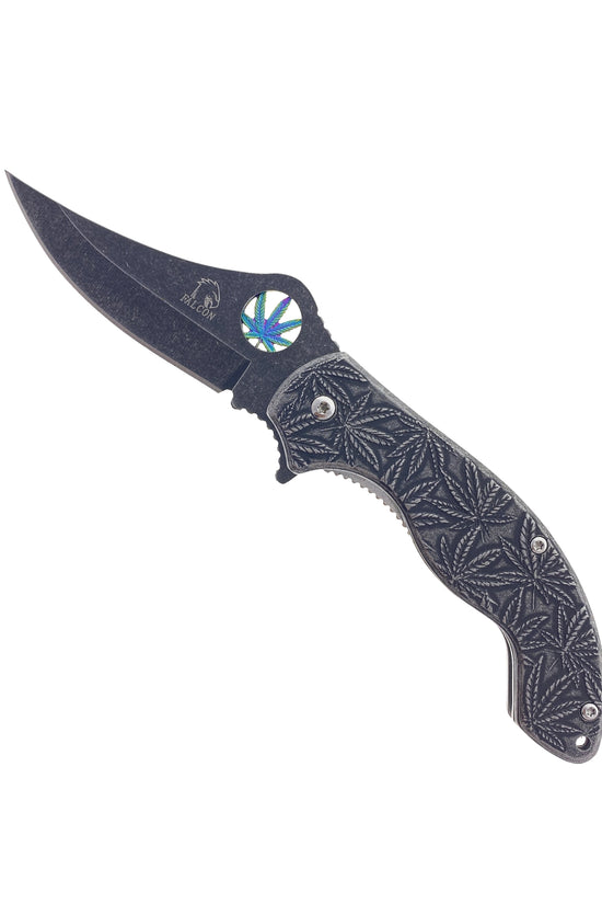falcon spring assisted marijuana knife with black stonewash blade and embossed cannabis leaf handle