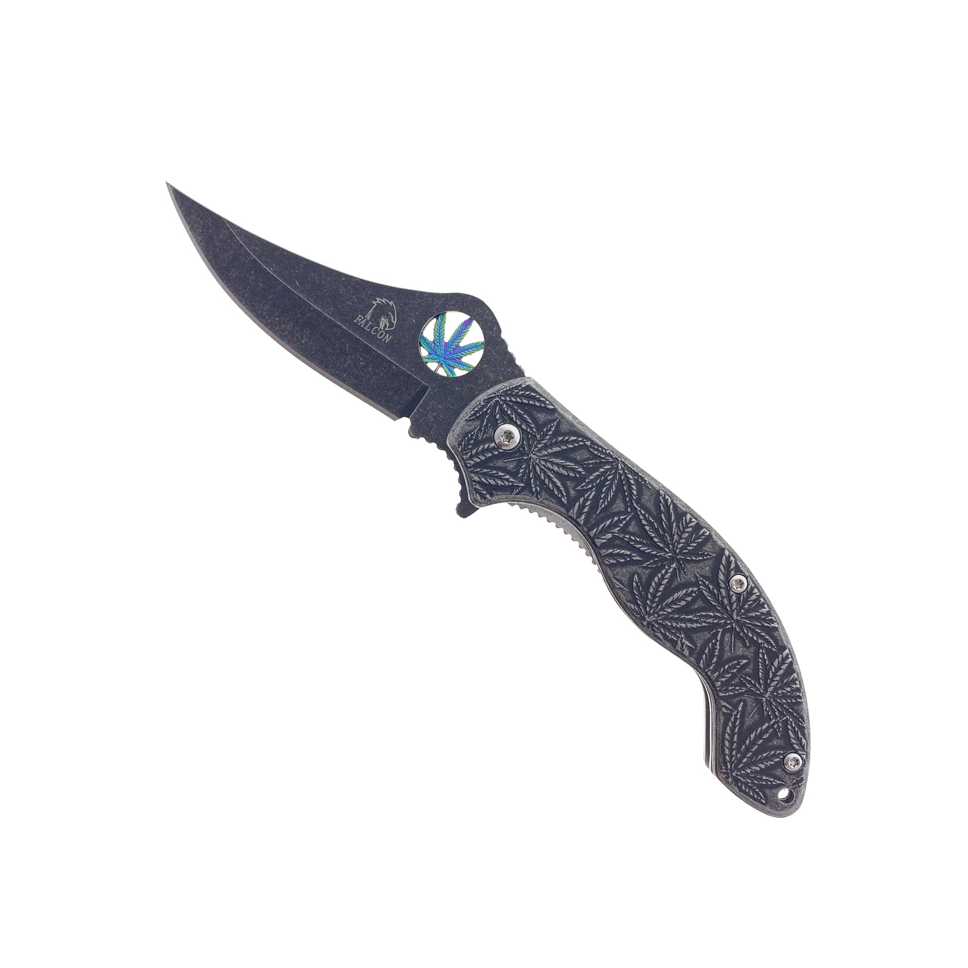 falcon spring assisted marijuana knife with black stonewash blade and embossed cannabis leaf handle