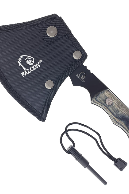 Falcon Survival Axe with Firestarter compact hatchet with wood grain handle black blade nylon sheath and ferro rod