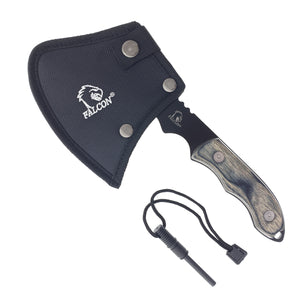 Falcon Survival Axe with Firestarter compact hatchet with wood grain handle black blade nylon sheath and ferro rod
