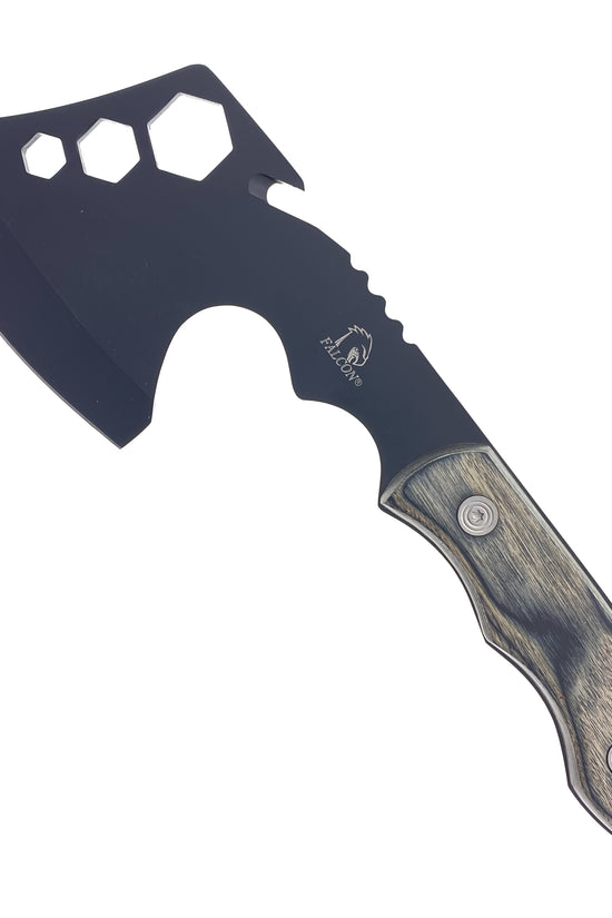Falcon Survival Axe with Firestarter tactical camping axe black blade hex cutouts wood grain handle