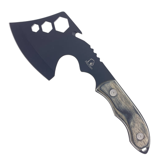 Falcon Survival Axe with Firestarter tactical camping axe black blade hex cutouts wood grain handle
