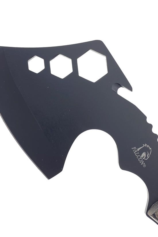Close up of Falcon Survival Axe with Firestarter. Black coated axe head with hex wrench cutouts and wood handle