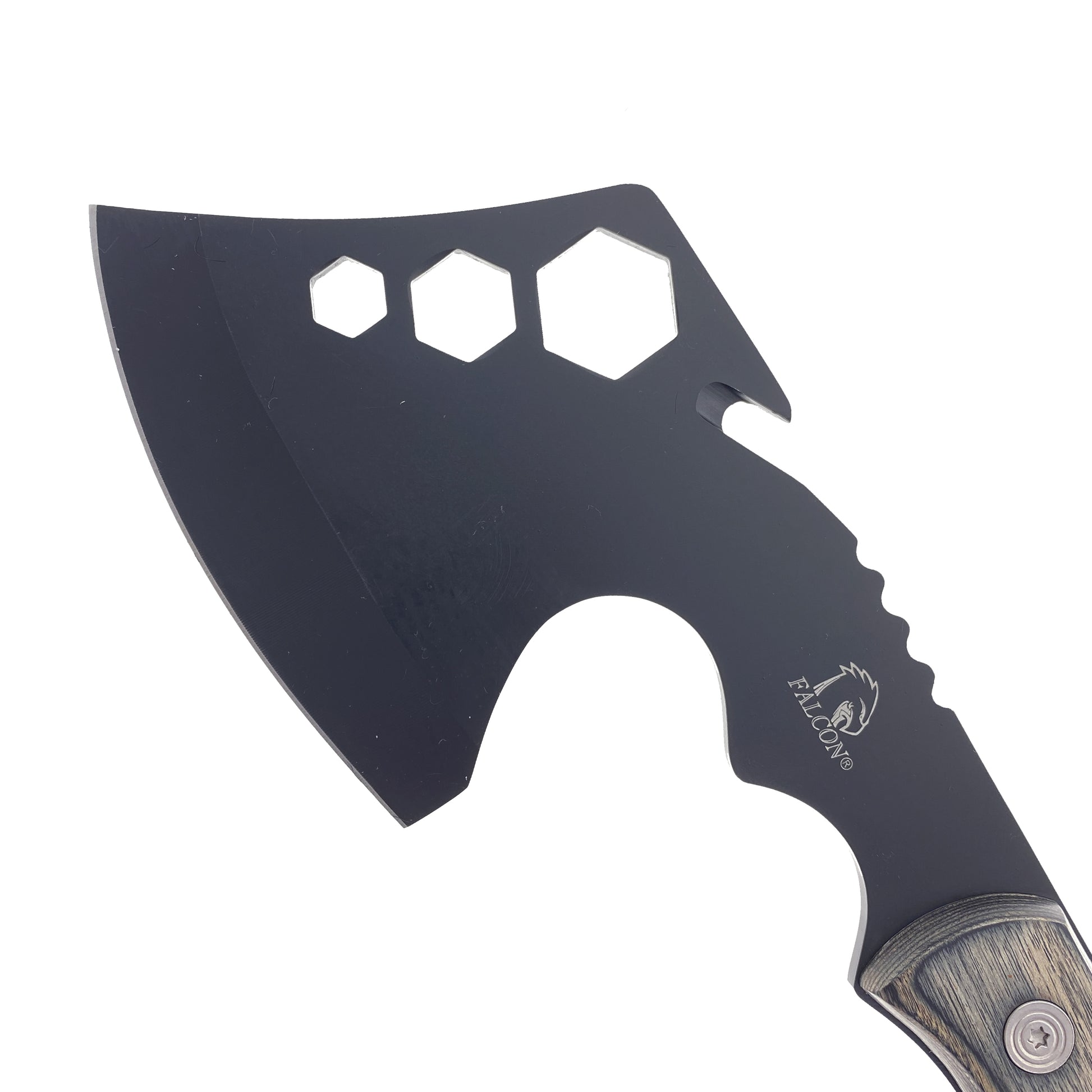 Close up of Falcon Survival Axe with Firestarter. Black coated axe head with hex wrench cutouts and wood handle