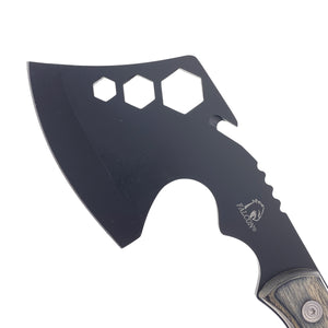Close up of Falcon Survival Axe with Firestarter. Black coated axe head with hex wrench cutouts and wood handle