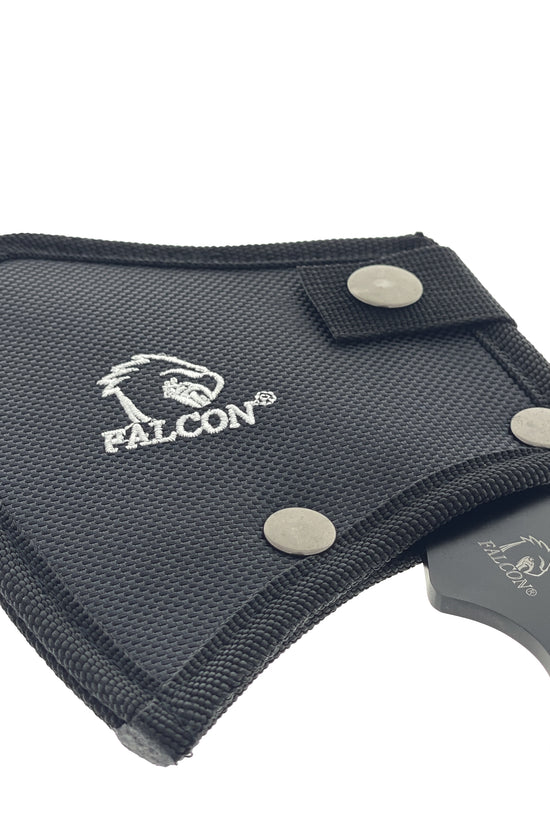 Falcon Survival Axe with Firestarter in black nylon sheath showing Falcon logo and partial blade and wood handle