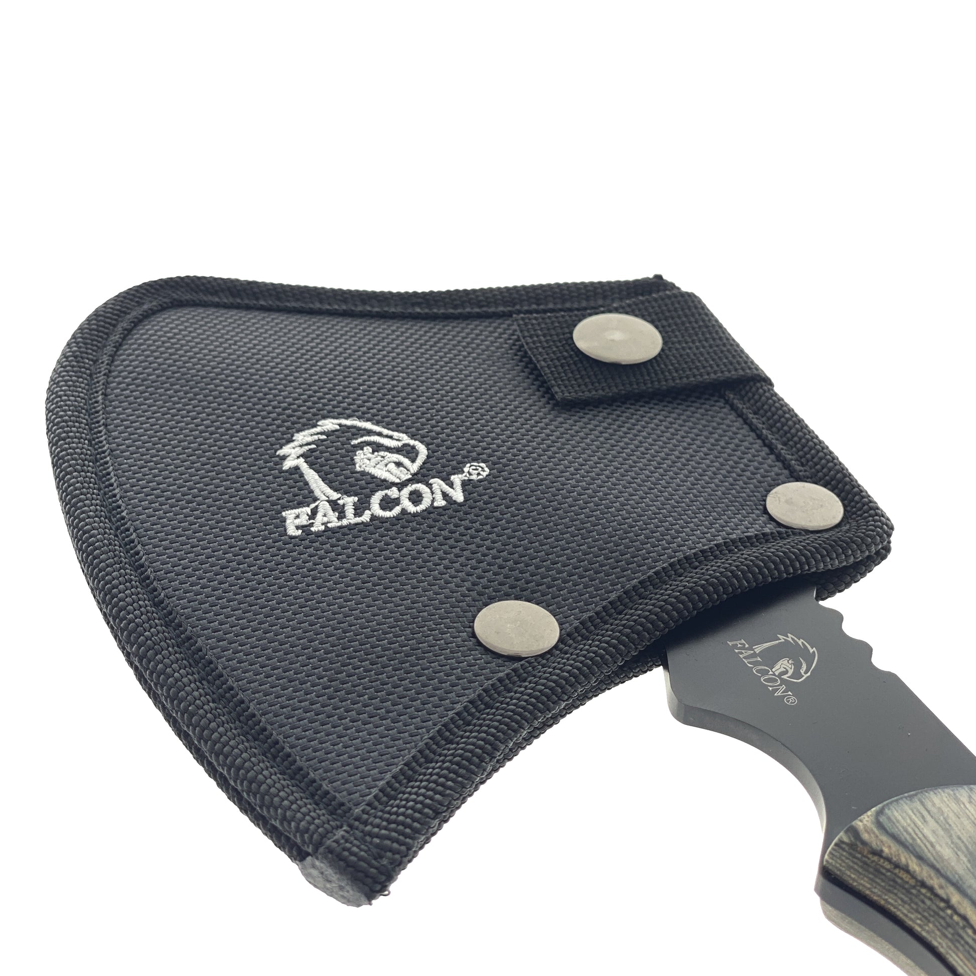Falcon Survival Axe with Firestarter in black nylon sheath showing Falcon logo and partial blade and wood handle