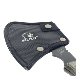 Falcon Survival Axe with Firestarter in black nylon sheath showing Falcon logo and partial blade and wood handle