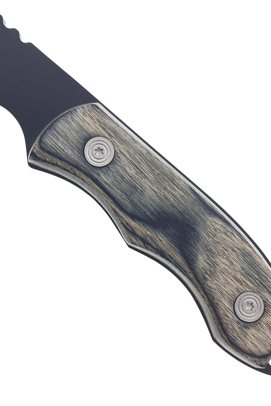 Falcon Survival Axe with Firestarter textured wood handle with screws lanyard hole and partial black blade logo