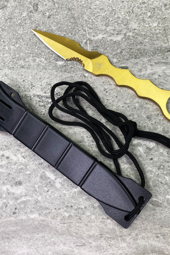 Gold karambit design Falcon falcon tactical knife fixed blade with ring handle serration and black sheath