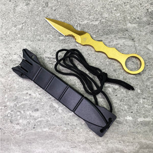 Gold karambit design Falcon falcon tactical knife fixed blade with ring handle serration and black sheath