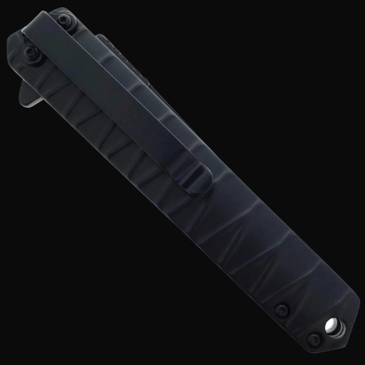 Closed Falcon tanto spring assisted pocket knife . Black textured handle with pocket clip and lanyard hole for everyday carry