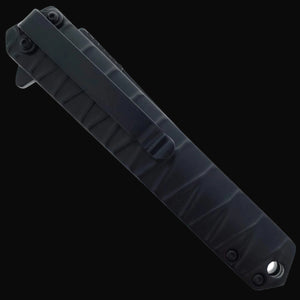 Closed Falcon tanto spring assisted pocket knife . Black textured handle with pocket clip and lanyard hole for everyday carry