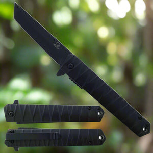 Black Falcon tanto spring assisted pocket knife . with textured black handle, flipper tab and pocket clip shown open and closed