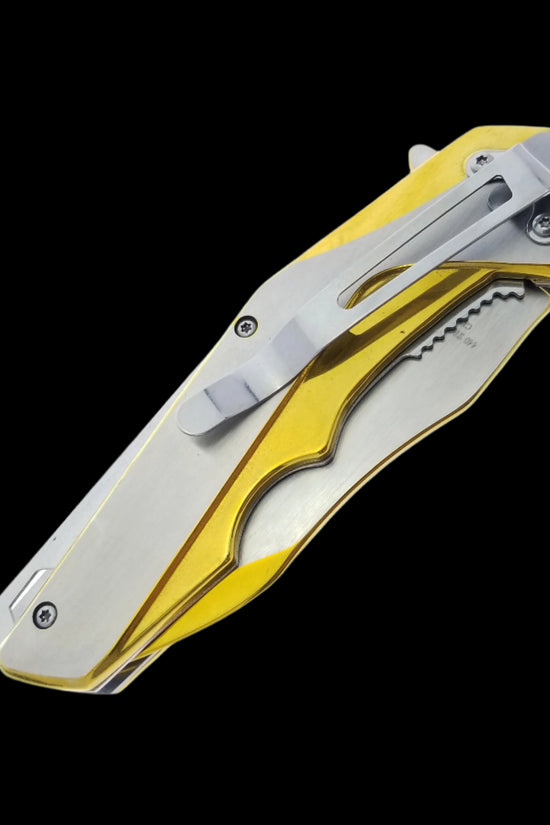 Falcon Gold and Silver Spring Assisted Pocket Knife with sleek design and pocket clip for easy carry