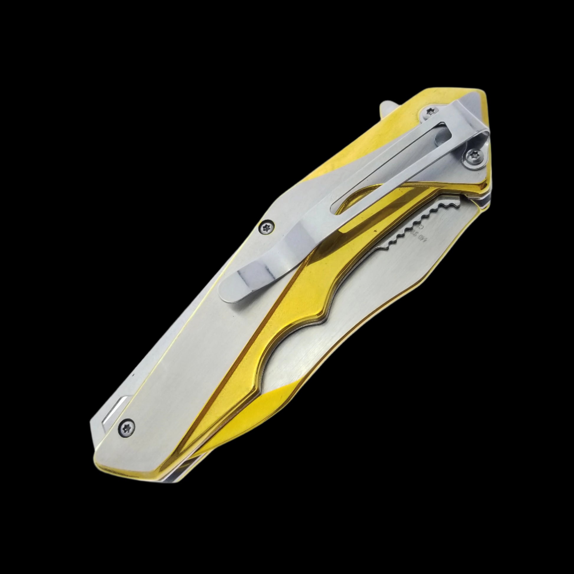 Falcon Gold and Silver Spring Assisted Pocket Knife with sleek design and pocket clip for easy carry