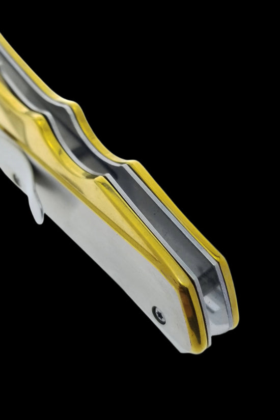 Falcon Gold and Silver Spring Assisted Pocket Knife with sleek stainless steel design and ergonomic handle.