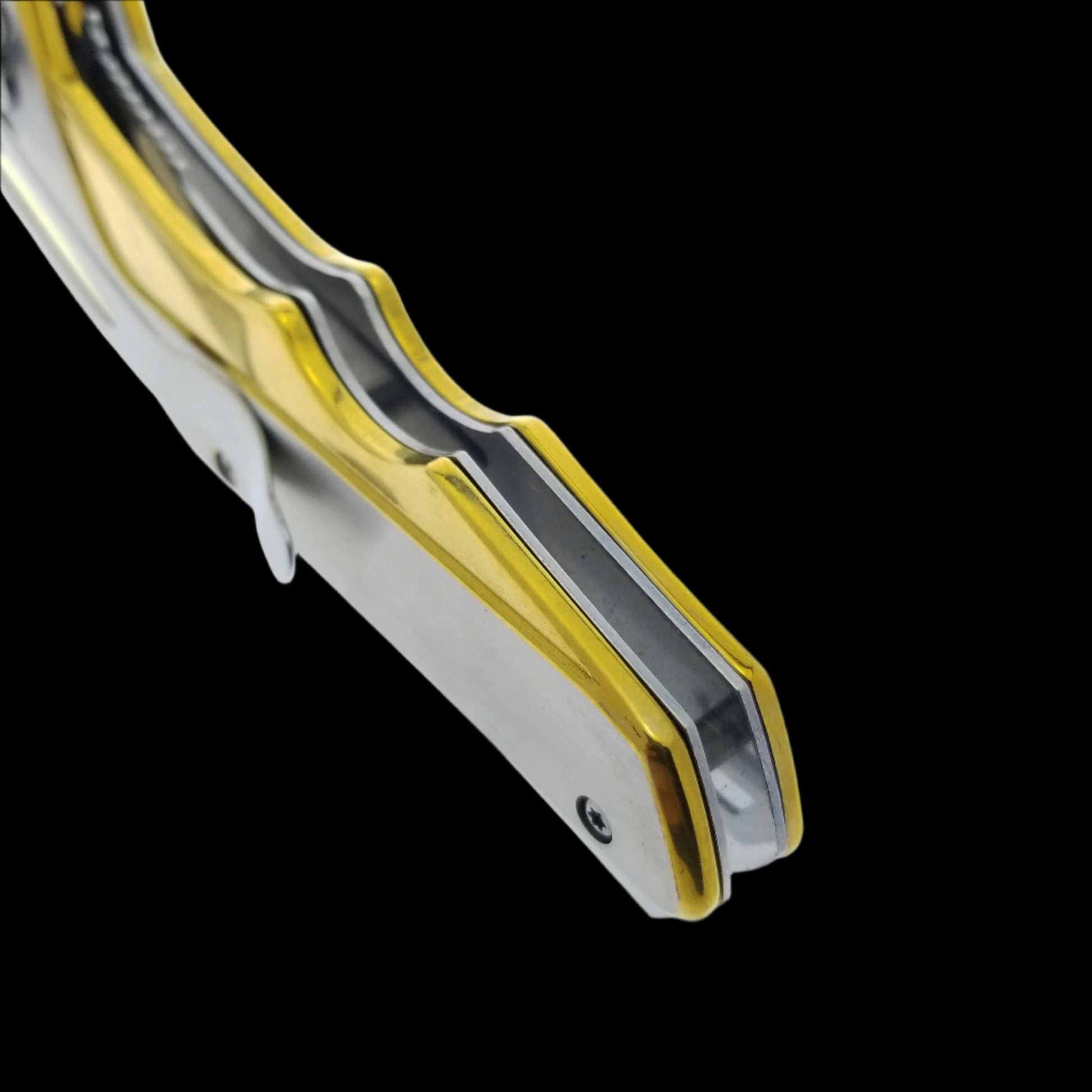 Falcon Gold and Silver Spring Assisted Pocket Knife with sleek stainless steel design and ergonomic handle.