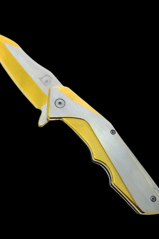 Falcon Gold and Silver Spring Assisted Pocket Knife with sleek design and sharp blade for everyday use