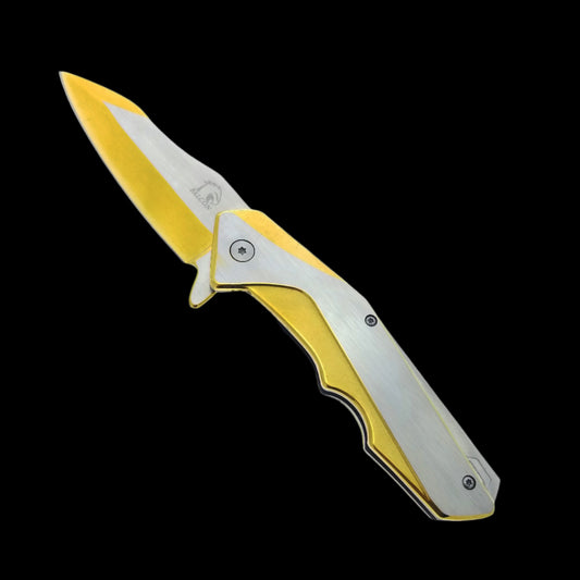 Falcon Gold and Silver Spring Assisted Pocket Knife with sleek design and sharp blade for everyday use
