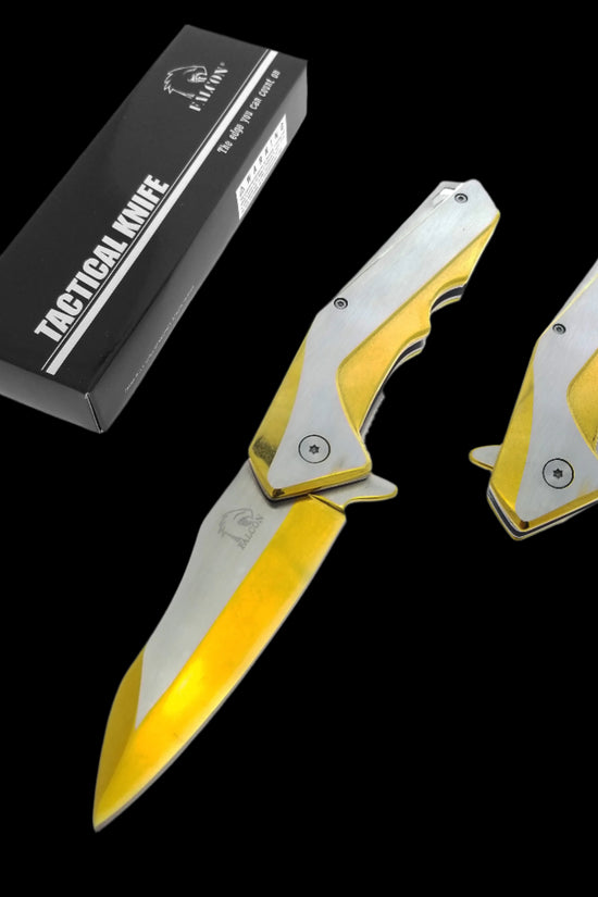 Falcon Gold and Silver Spring Assisted Pocket Knife with sleek design and tactical features