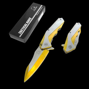 Falcon Gold and Silver Spring Assisted Pocket Knife with sleek design and tactical features