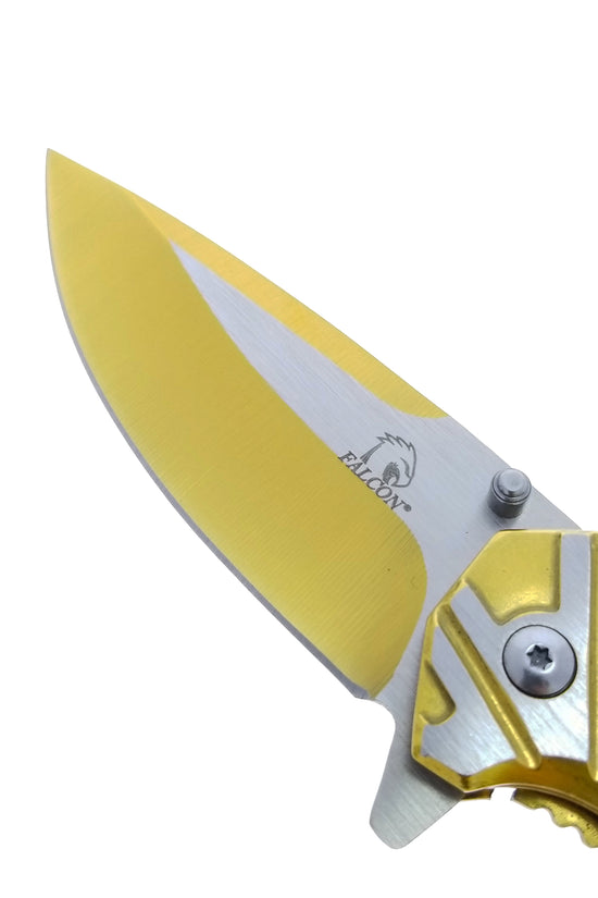 Falcon Gold & Silver Spring Assisted Pocket Knife with sleek design and durable blade for everyday use.