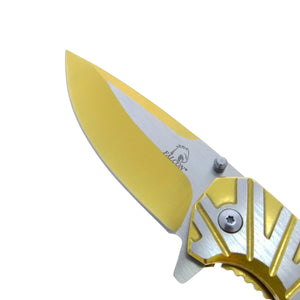 Falcon Gold & Silver Spring Assisted Pocket Knife with sleek design and durable blade for everyday use.