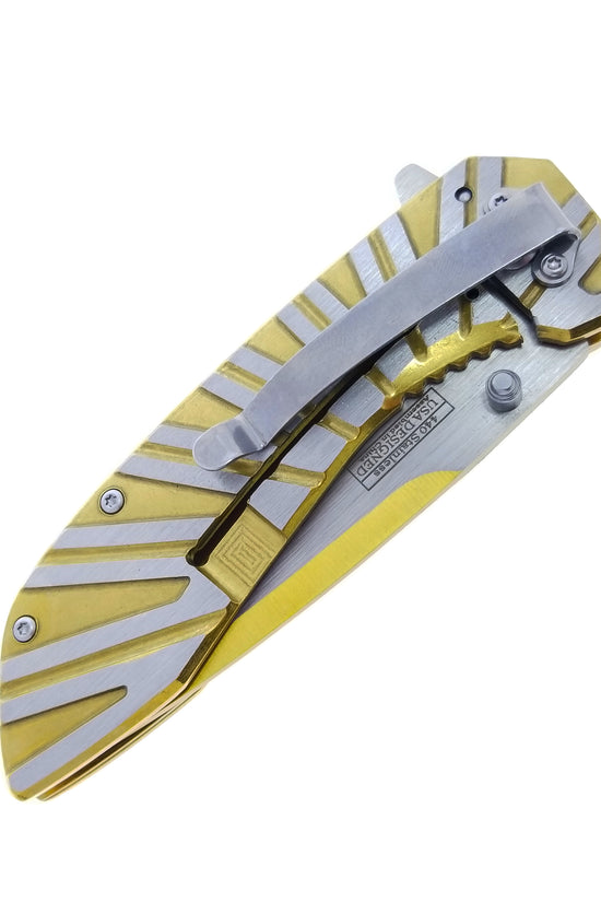 Falcon Gold & Silver Spring Assisted Pocket Knife with ergonomic handle and durable blade